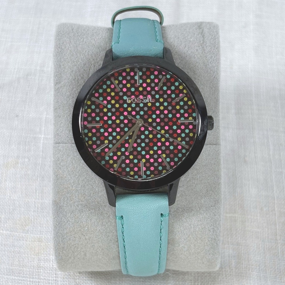 Fossil Womens Watch Teal Leather Band Black Case Polka Dot Dial NO BOX